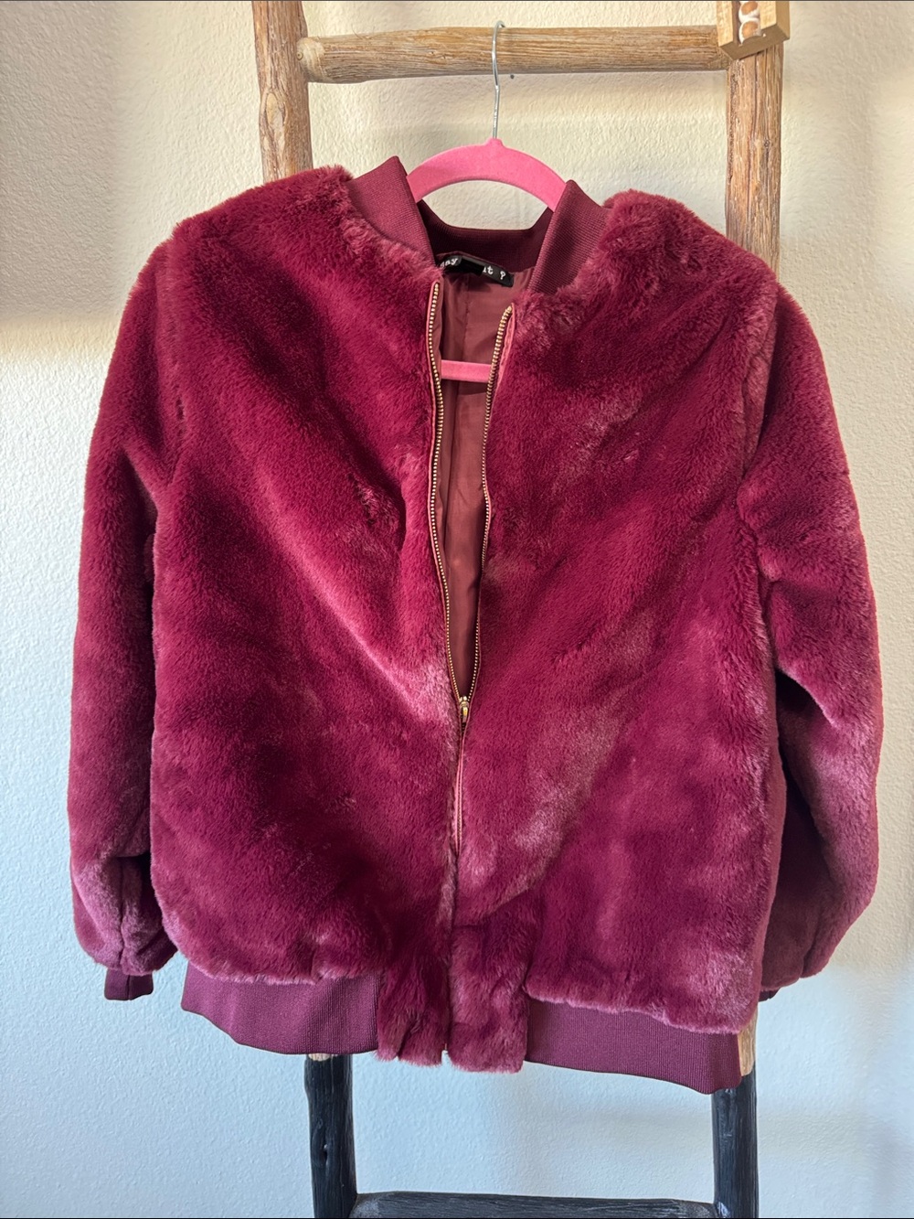 NWOT Faux-Fur Bomber Jacket in Deep Burgundy